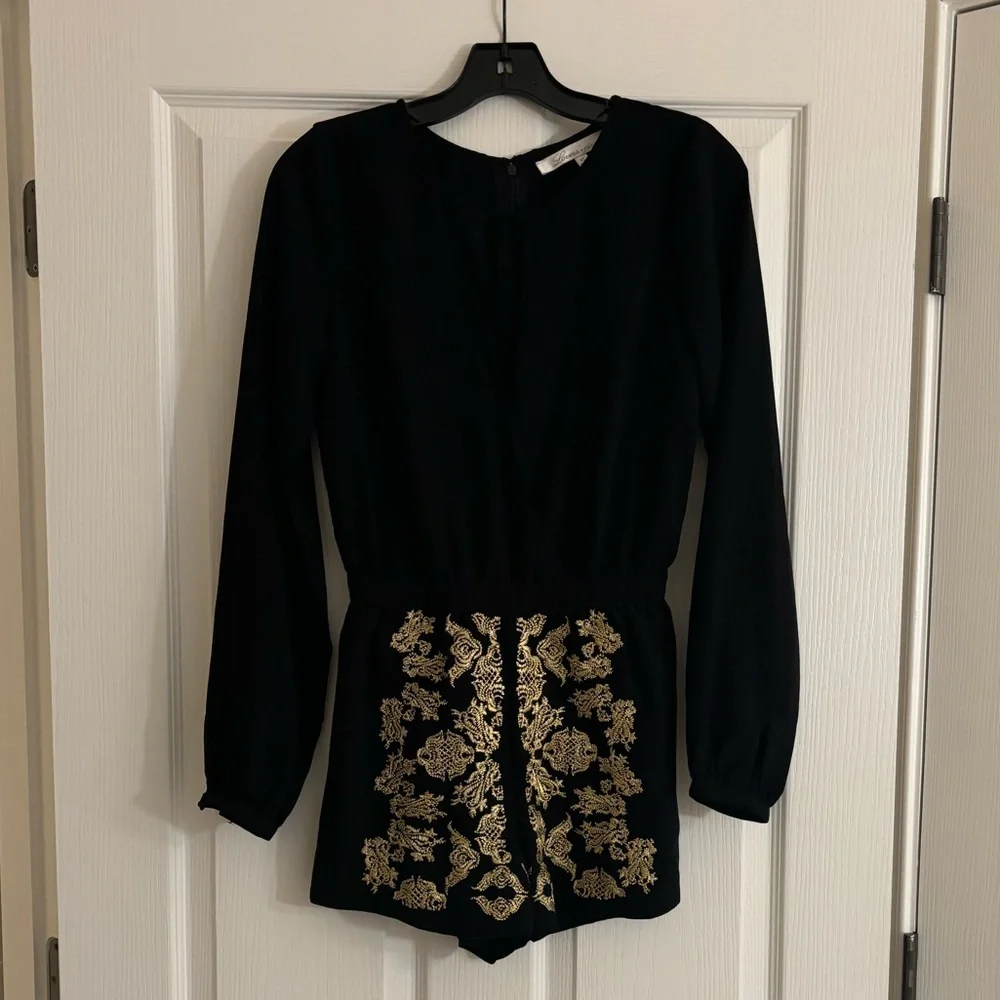 LOVERS + FRIENDS Long Sleeve Black Romper with Gold Brocade Details Size XS - Picture 2 of 13